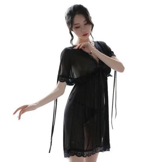 Elegant Black Lace Trim Wrap Dress