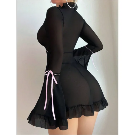 Sheer Ruffle Tie-Waist Babydoll Dress