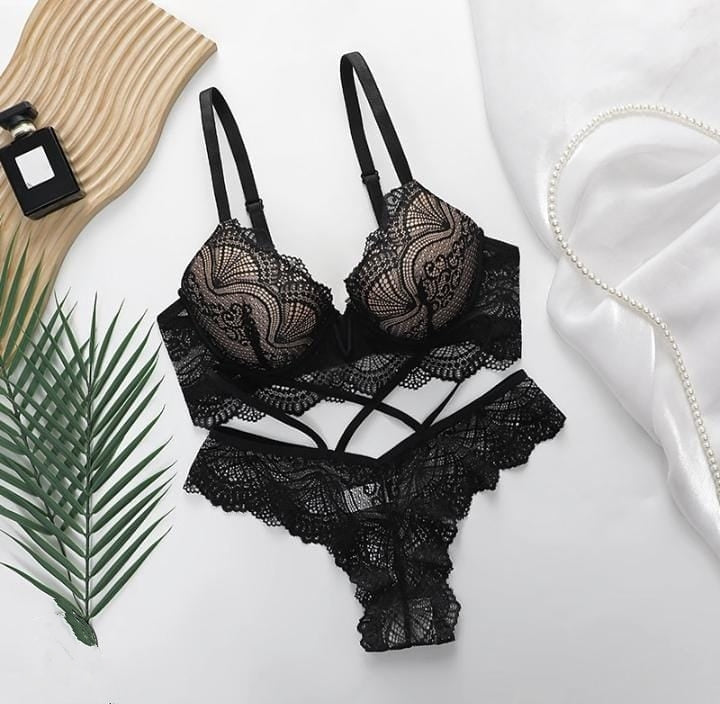 Black Lace Strappy Lingerie Set