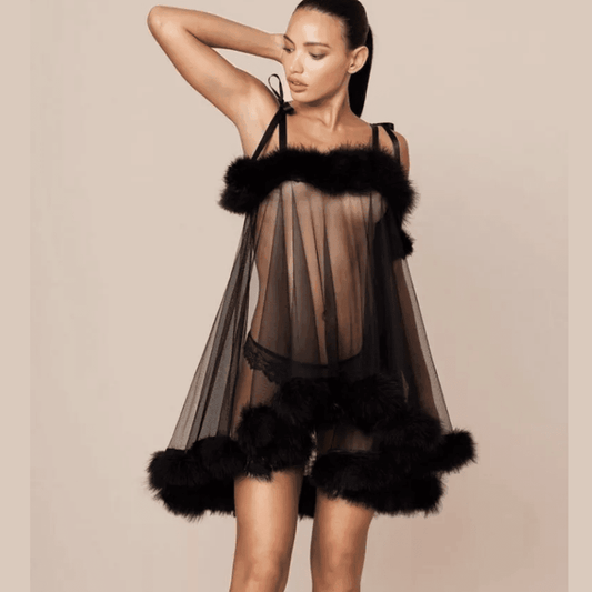 Black Bunny-Inspired Satin Bodysuit & Feather Trim Robe Set