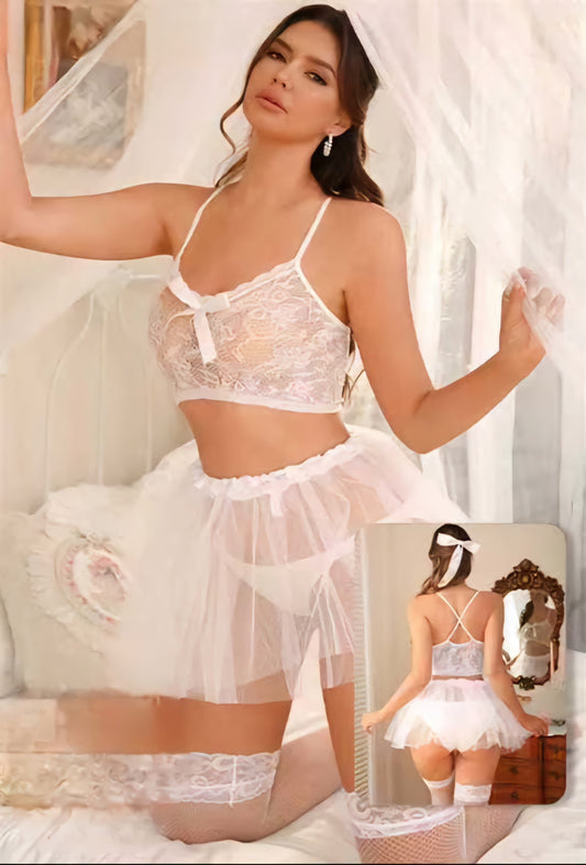 Ivory Lace Bow 3 Piece Lingerie Set With Stocking