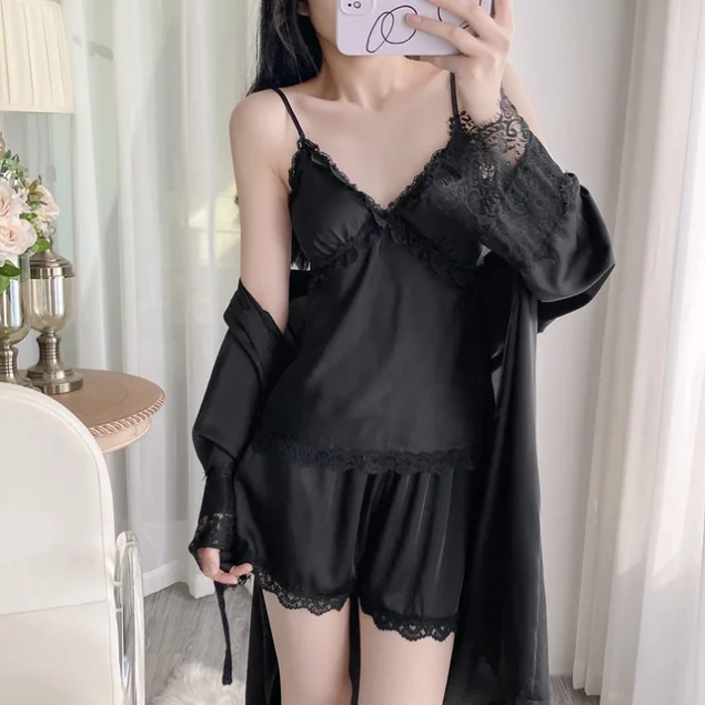 Two Hearts Nightwear black satin 3-piece sleepwear set with camisole, shorts, and lace robe