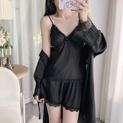 Two Hearts Nightwear black satin 3-piece sleepwear set with camisole, shorts, and lace robe