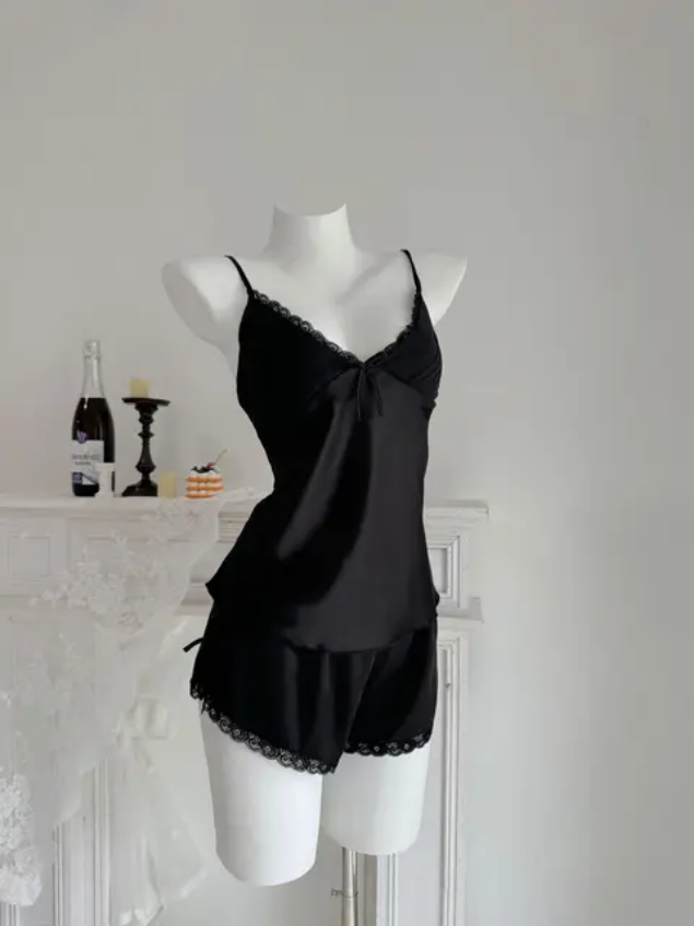 Two Hearts Nightwear 3-Piece Black Satin Sleepwear Set