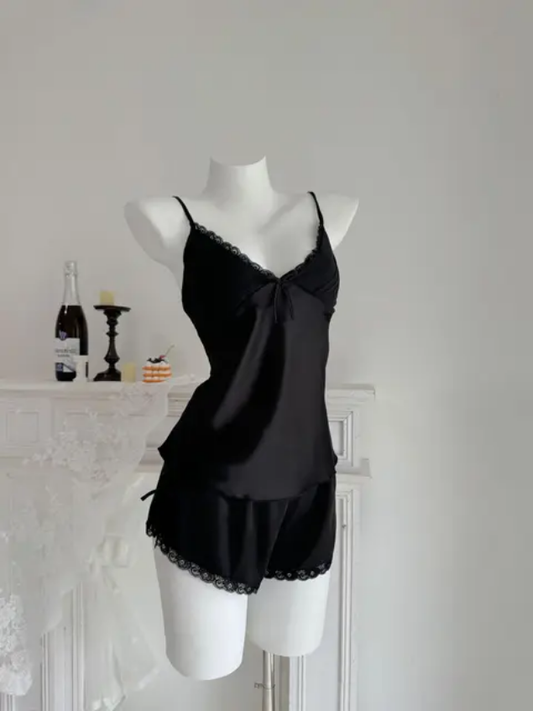 Two Hearts Nightwear 3-Piece Black Satin Sleepwear Set