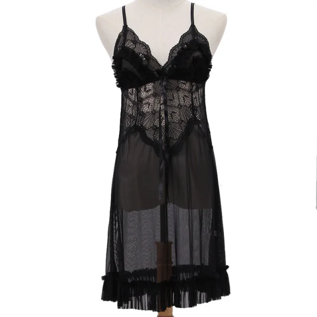 Women’s Black Lace Babydoll Nightdress – Bow Detail