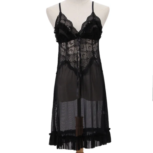 Women’s Black Lace Babydoll Nightdress – Bow Detail