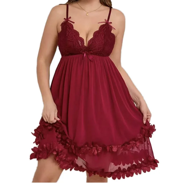 Red elegant lace trim babydoll nightdress with adjustable straps and floral lace hem