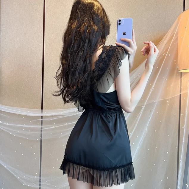 Black Lace Trim Ruffle Mini Dress