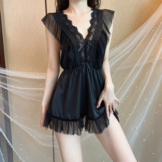 Black Lace Trim Ruffle Mini Dress