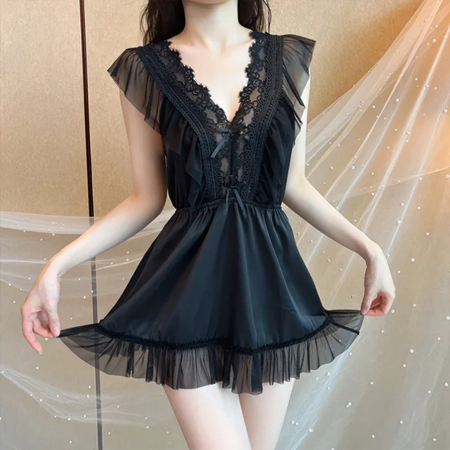 Black Lace Trim Ruffle Mini Dress