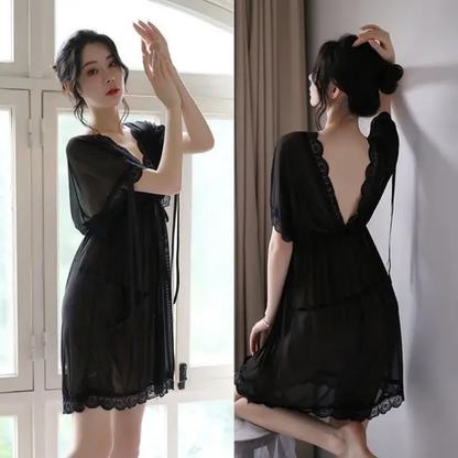 Elegant Black Lace Trim Wrap Dress