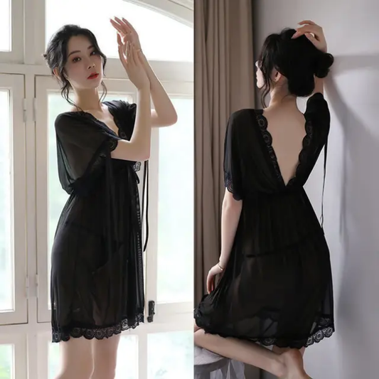Elegant Black Lace Trim Wrap Dress