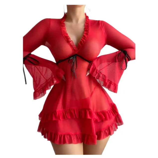 Sheer Ruffle Tie-Waist Babydoll Dress