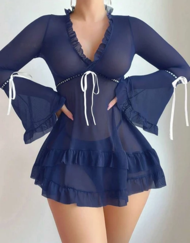 Sheer Ruffle Tie-Waist Babydoll Dress