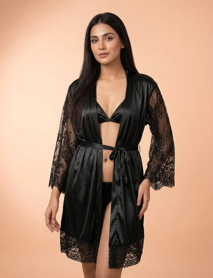 3-Piece Silk & Lace Nightwear Set