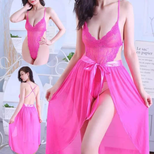Sheer Mesh Backless Lace Teddy with Matching Open Skirt Set