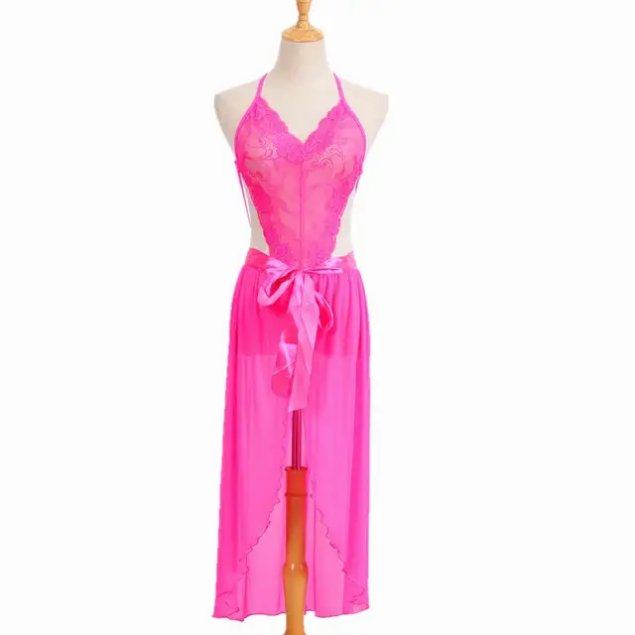 Sheer Mesh Backless Lace Teddy with Matching Open Skirt Set