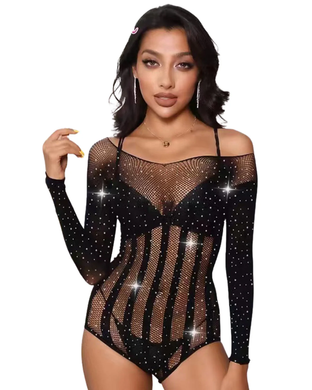 Black Rhinestone Fishnet Long-Sleeve Bodysuit