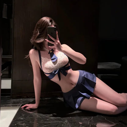 Women’s Maroon & Blue Lace Lingerie Set – Bow Detail with Stockings