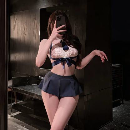Women’s Maroon & Blue Lace Lingerie Set – Bow Detail with Stockings