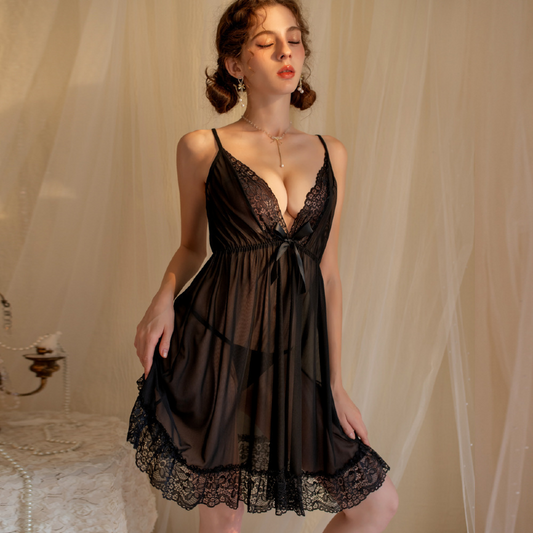 Black Lace Lingerie Set with Sheer Mesh & Satin Bow