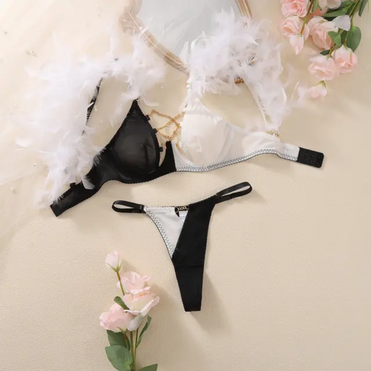 Black & White Feather Strap Lingerie Set with Gold Chain Harness